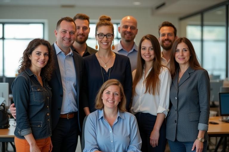 Photo of the AusDraft Services team in their Melbourne office, looking collaborative and professional.