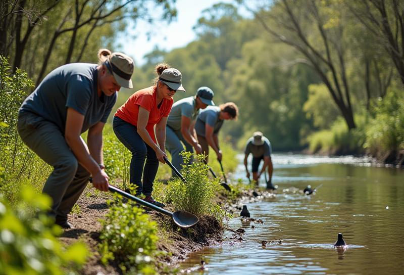 Volunteers planting trees near a riverbank, representing the Riverbend Conservation Alliance's work.